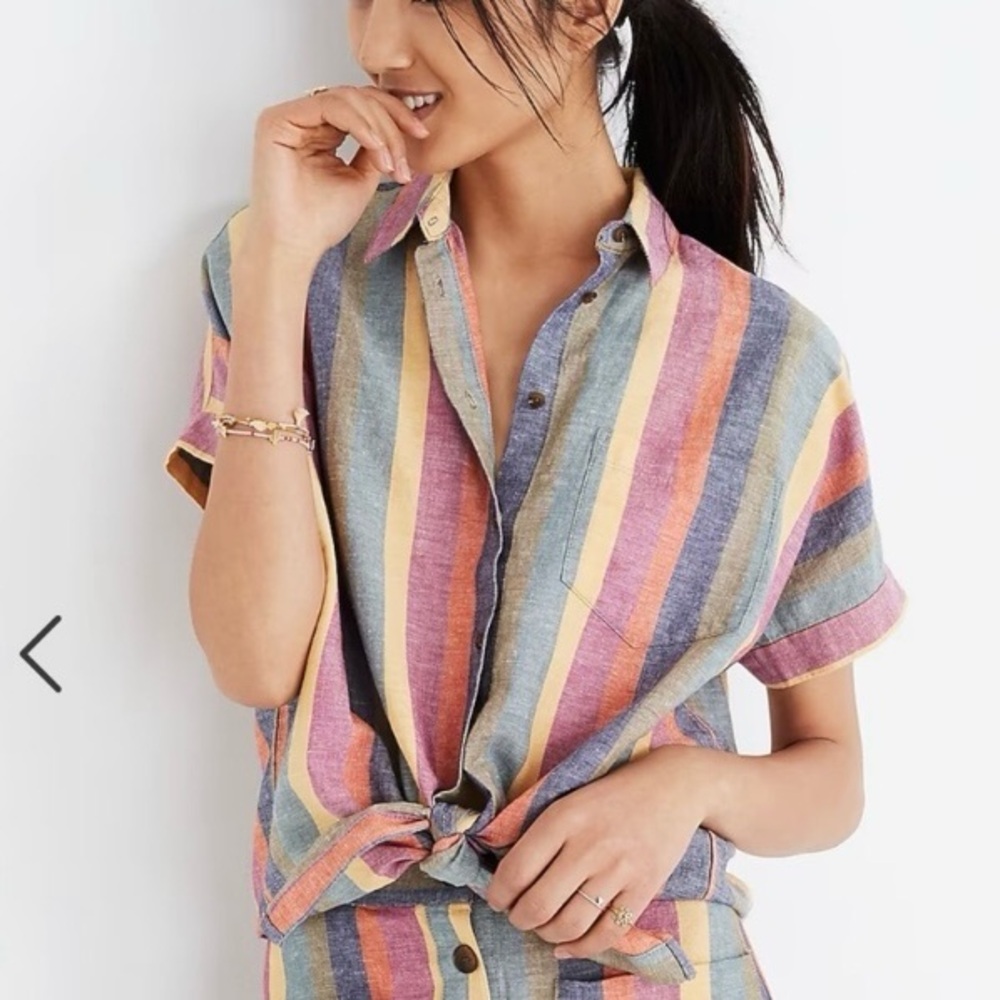 Madewell linen cotton Striped Short Sleeve Button-Up Shirt
